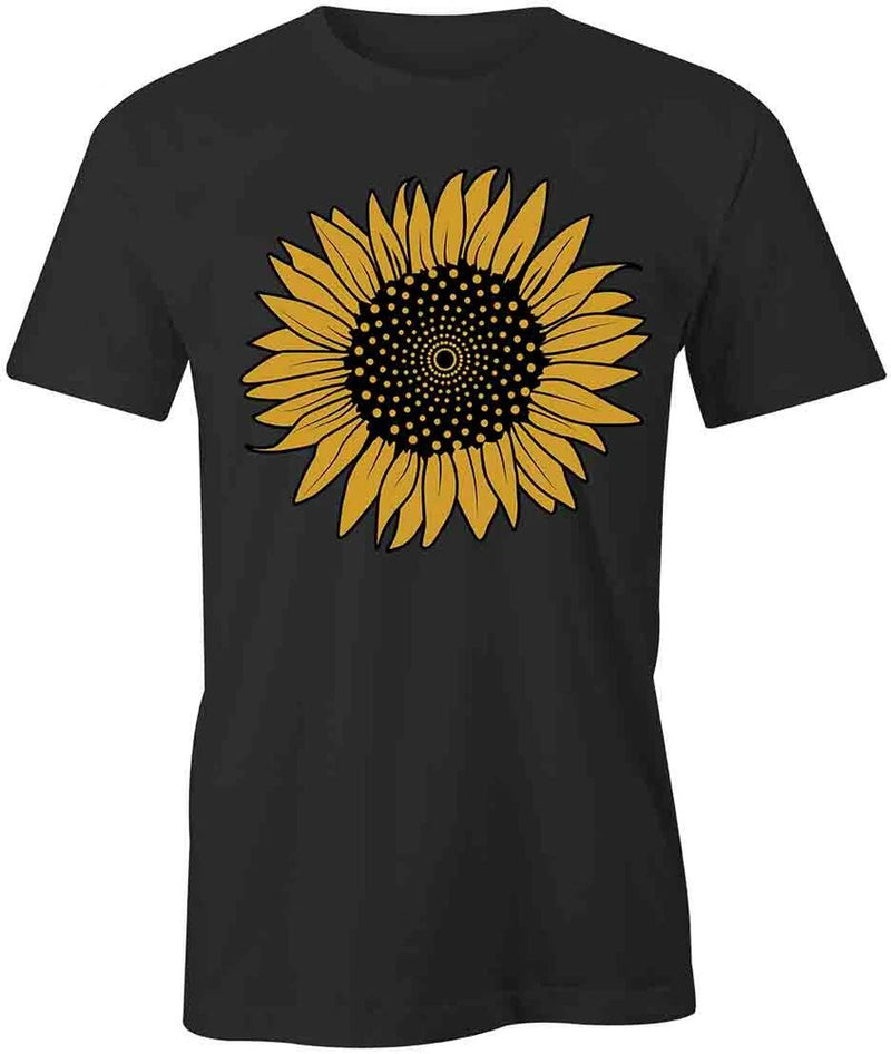 Black cotton T-shirt with large yellow sunflower front print