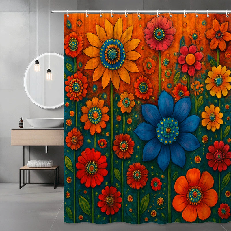 Colorful floral shower curtain with large sunflower and blue flower designs