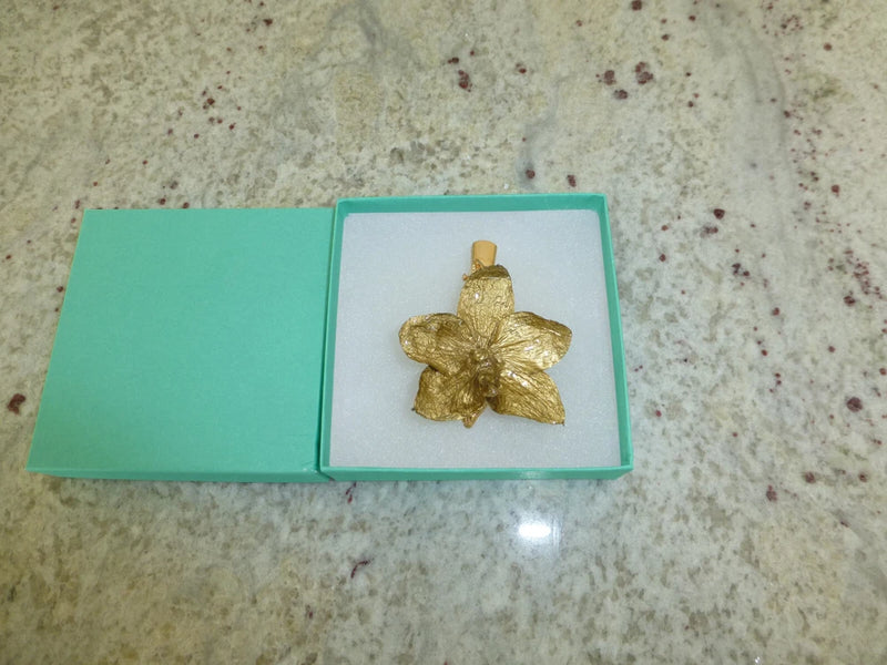 Gold-tone hair clip with preserved orchid flower centerpiece, in teal gift box