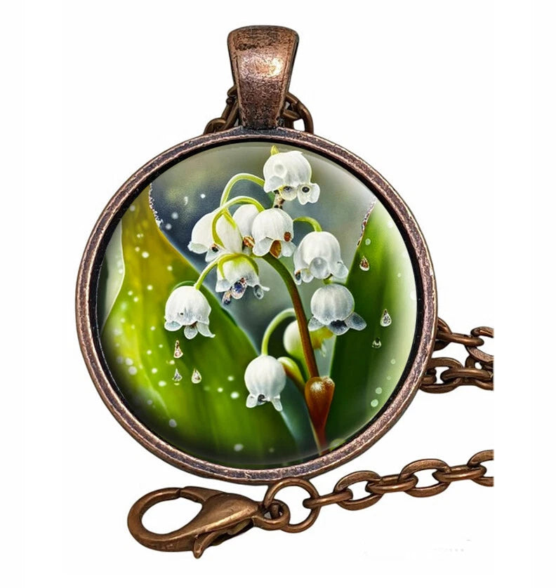 Lily Of The Valley Blooms Glass Top Pendant Necklace Handcrafted Photo Jewelry Lily
