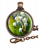 Lily Of The Valley Blooms Glass Top Pendant Necklace Handcrafted Photo Jewelry Lily