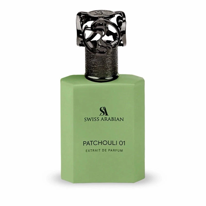 Swiss Arabian Patchouli 01 extrait de parfum bottle, light green with black cap