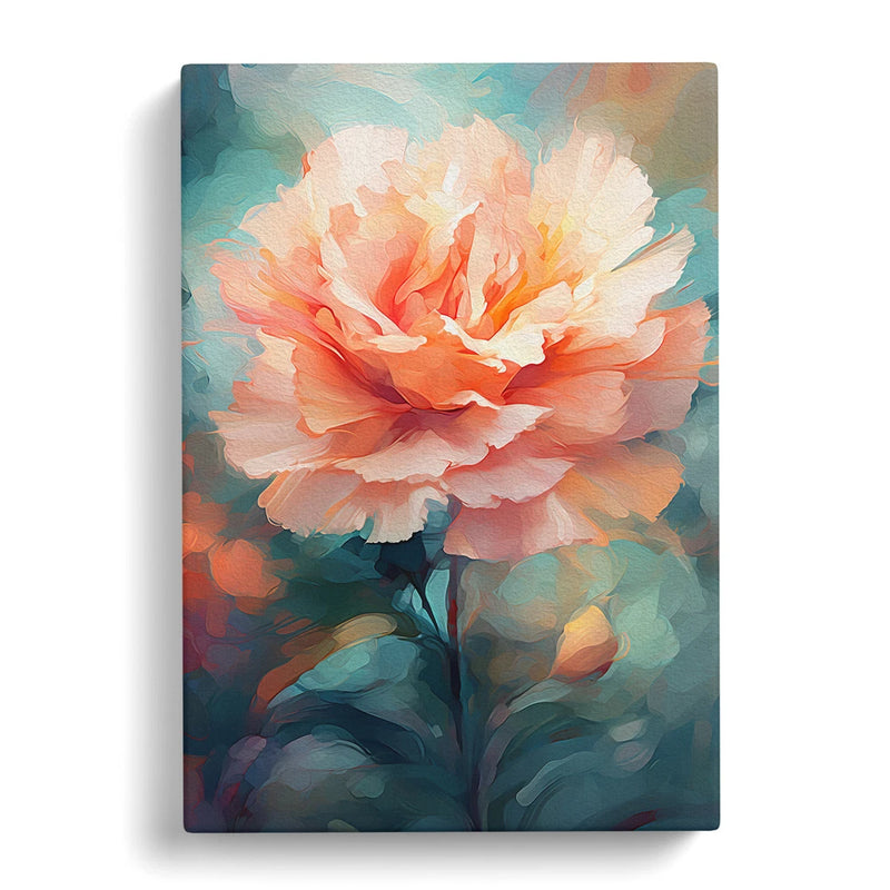 Framed canvas wall art with peach and coral flower and teal leaf background