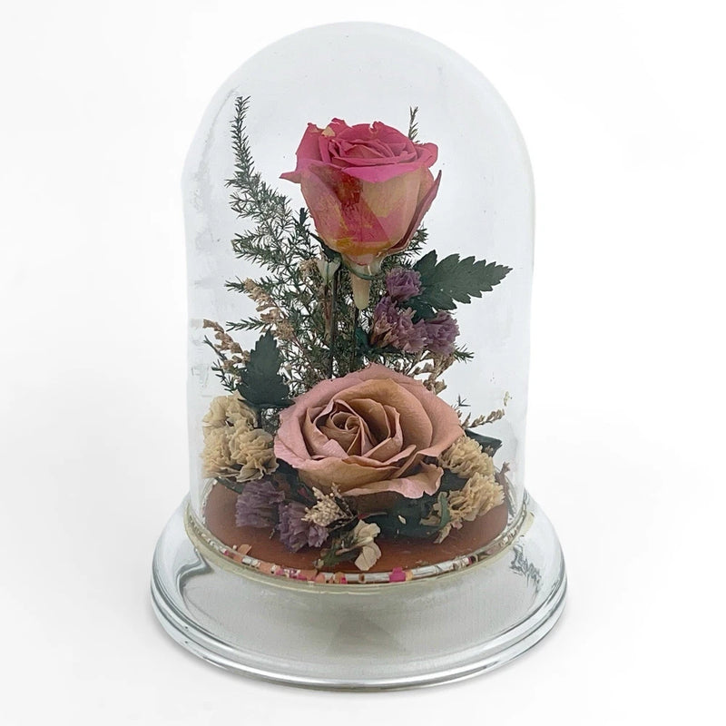 Preserved dried rose flower arrangement in clear glass dome, pink and beige flowers