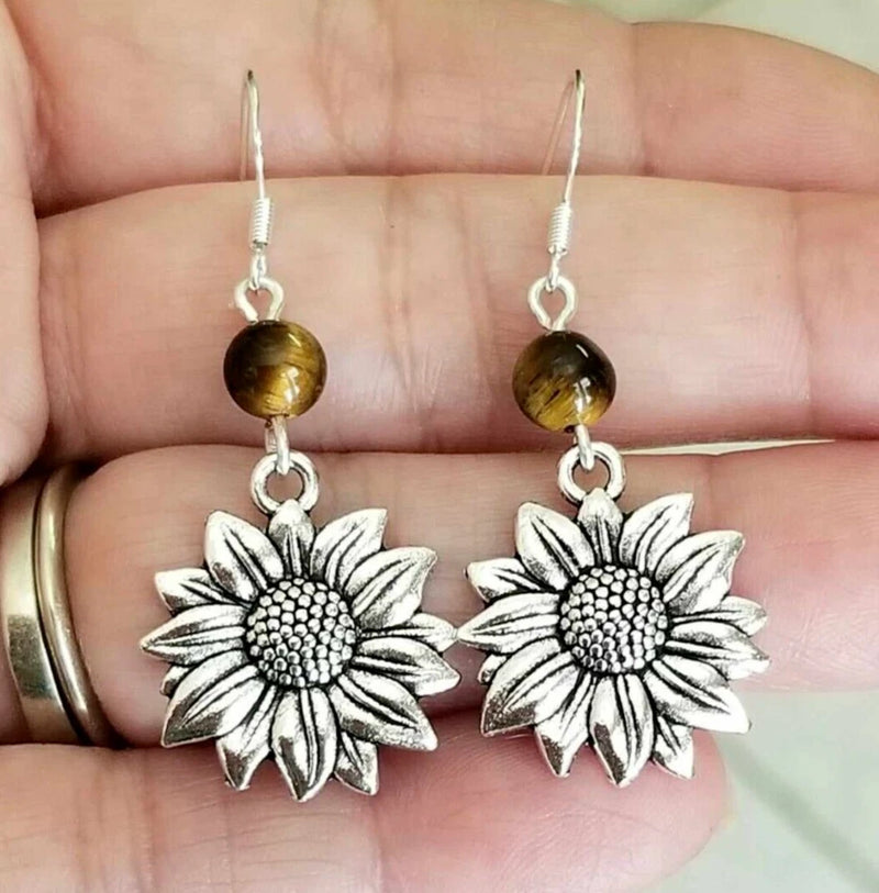 Sunflower dangle earrings with silver sunflower charms and dark gold round beads