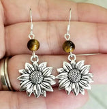 Silver Sunflower Dangle Earrings Tigers Eye Sunflower Jewelry Sunflowers Sunflower