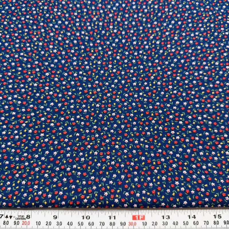 Vintage Cranston Red Yellow White Florals on Blue Cotton Fabric by the HALF YARD Flowering Plants