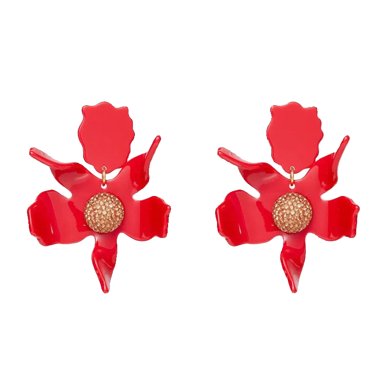 Red crystal lily flower drop earrings with round gold-tone center and dangling petals