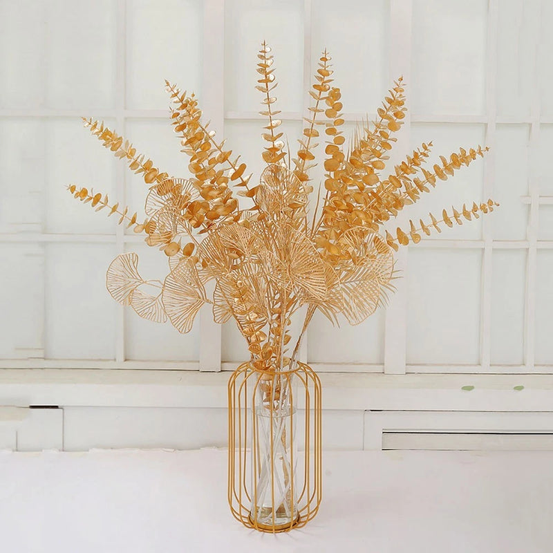 Simulated golden eucalyptus and ginkgo leaf flower arrangement for a chic touch Hydrangea