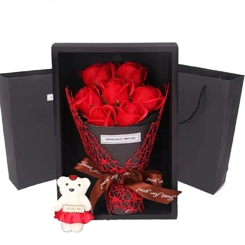 Artificial rose soap bouquet gift box with teddy bear, red roses