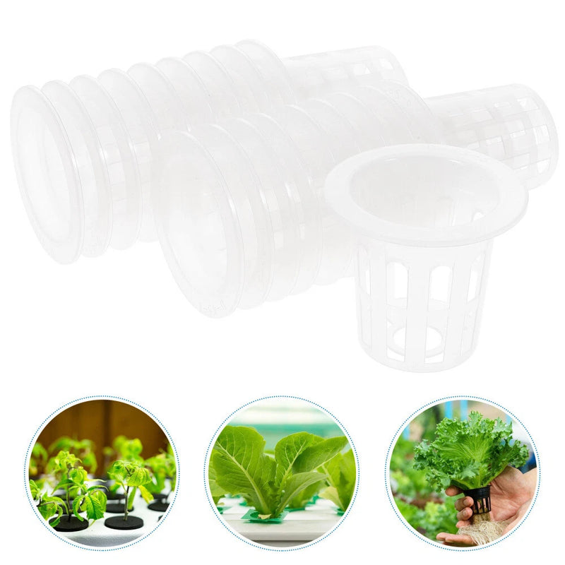 Set of white hydroponic planting net cups, round basket pot inserts