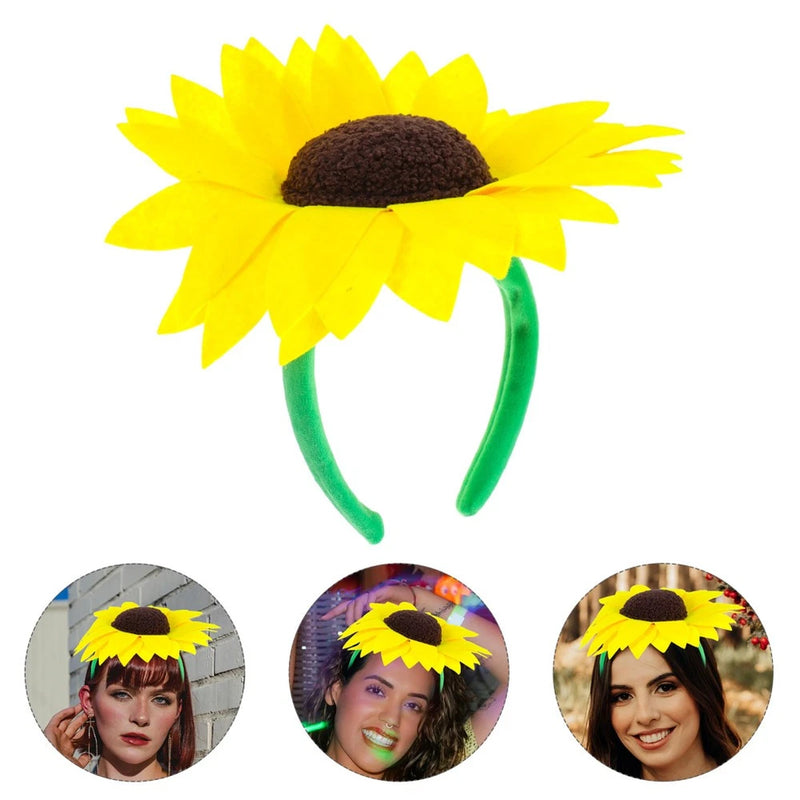 Yellow sunflower headband with textured center on green fabric band