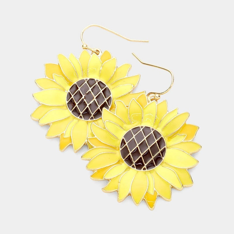Sunflower dangle earrings with yellow petals and black lattice round centers
