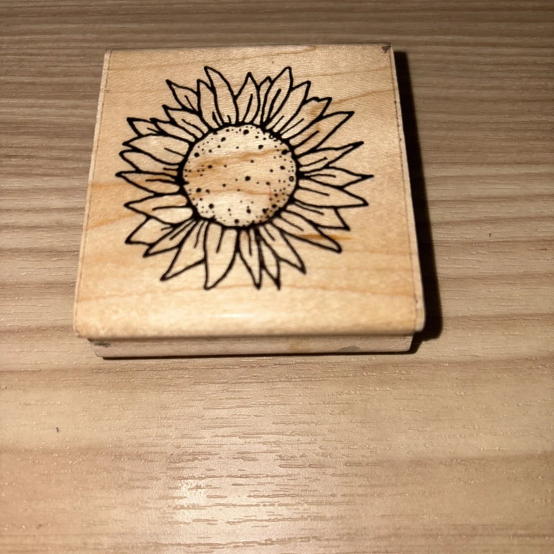 Sunflower wooden rubber stamp with bold line-art flower design on square block