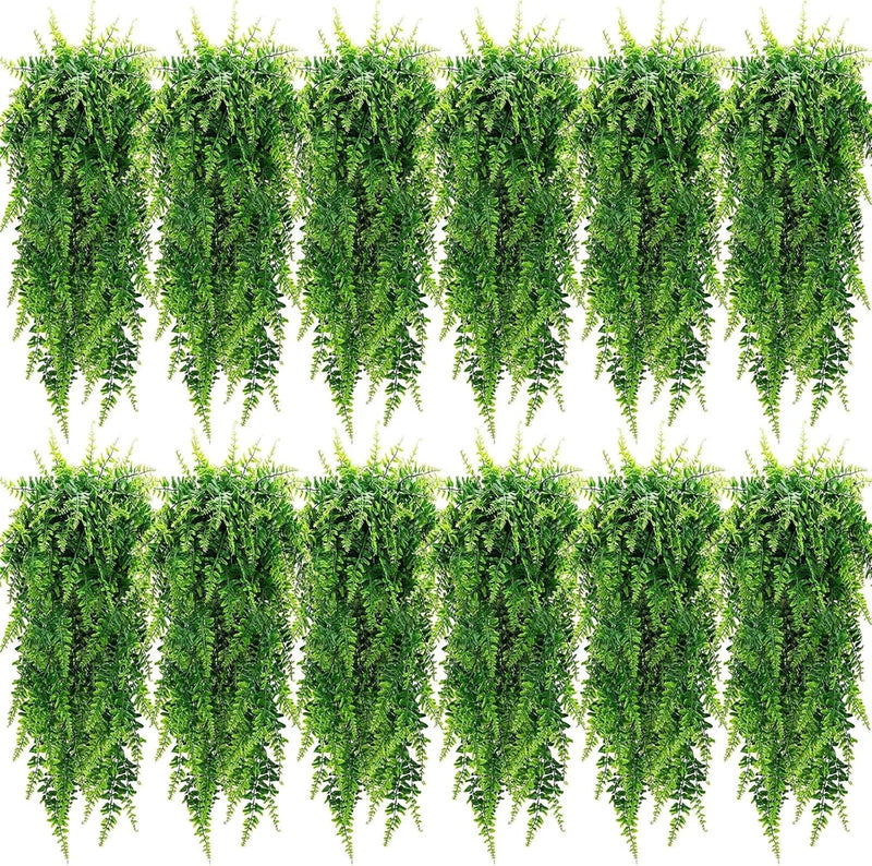 Set of 12 green artificial hanging Boston ferns with cascading plastic fronds