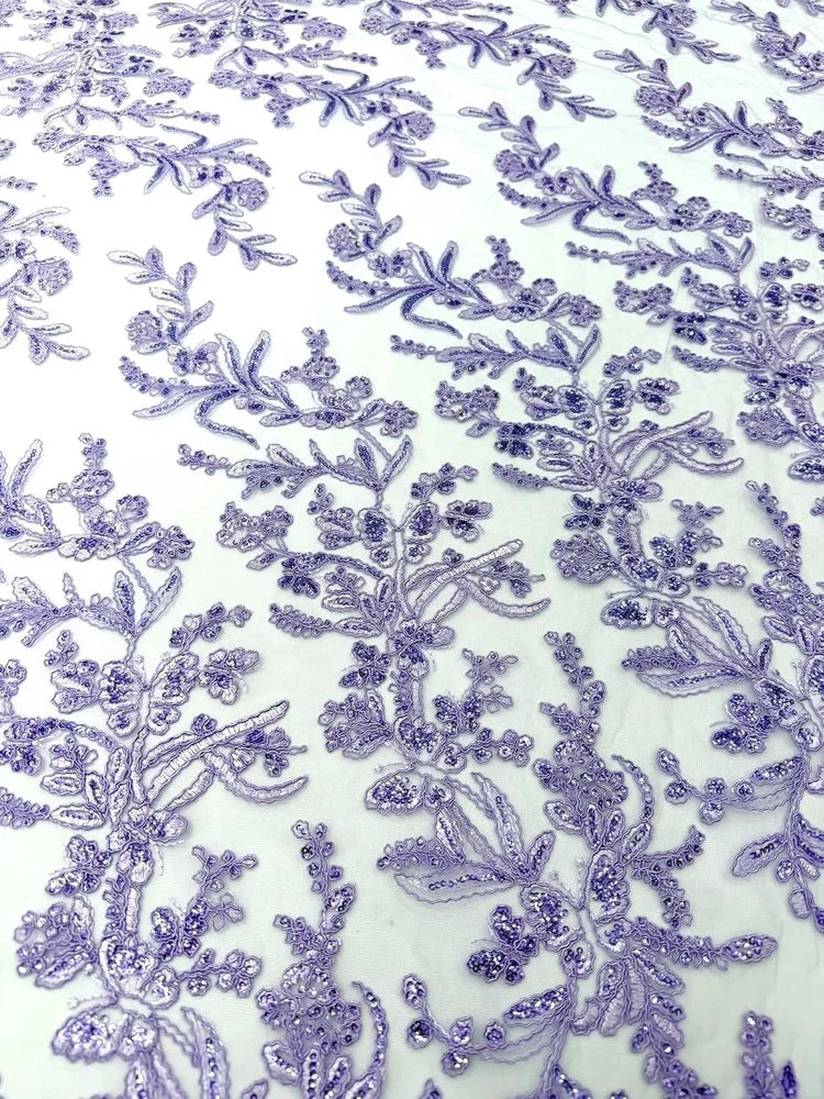 Purple Blossom Couture Lace Fabric Embroidered Sequin Floral Lace Fabric Flowering Plants