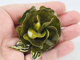 Olive Green Enamel Metal Flower Brooch Pin Hippie Pop Art Mod 1960s Ranunculus Ranunculus