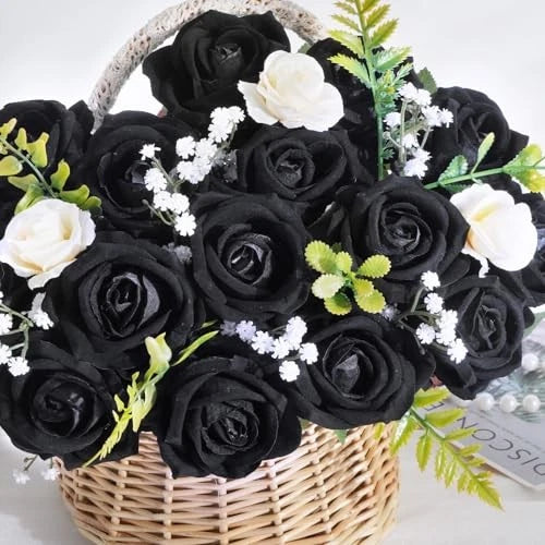 50 Pcs Black Roses Artificial Flowers, Real Touch Velvet Roses Bouquet Fake Bouquet