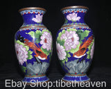 Pair of blue cloisonne enamel vases with peony flowers and colorful bird designs