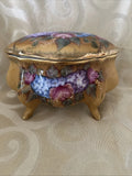 Footed Victorian Style Porcelain Trinket Box Roses Hydrangeas Gold Trim With Lid Hydrangea