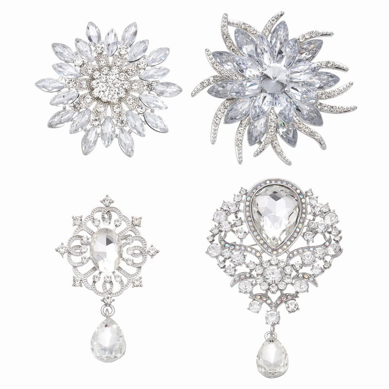 Rhinestone Flower Brooch Pins Set, Sunflower & Tear Drop Brooch, White Sunflower