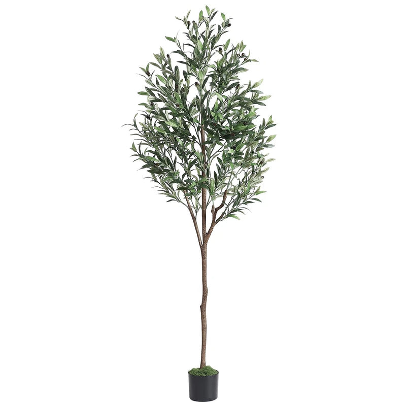 6 ft artificial olive tree with green leaves, brown trunk, in black pot