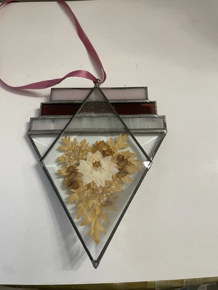 Handmade Pressed Flowers Stained Glass Hanging Window Purple And Pink Dried Flower