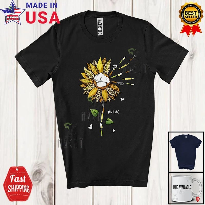 Leopard Sunflower With Tools Lunch Lady; Flowers Custom Name Women Family Shirt Sunflower