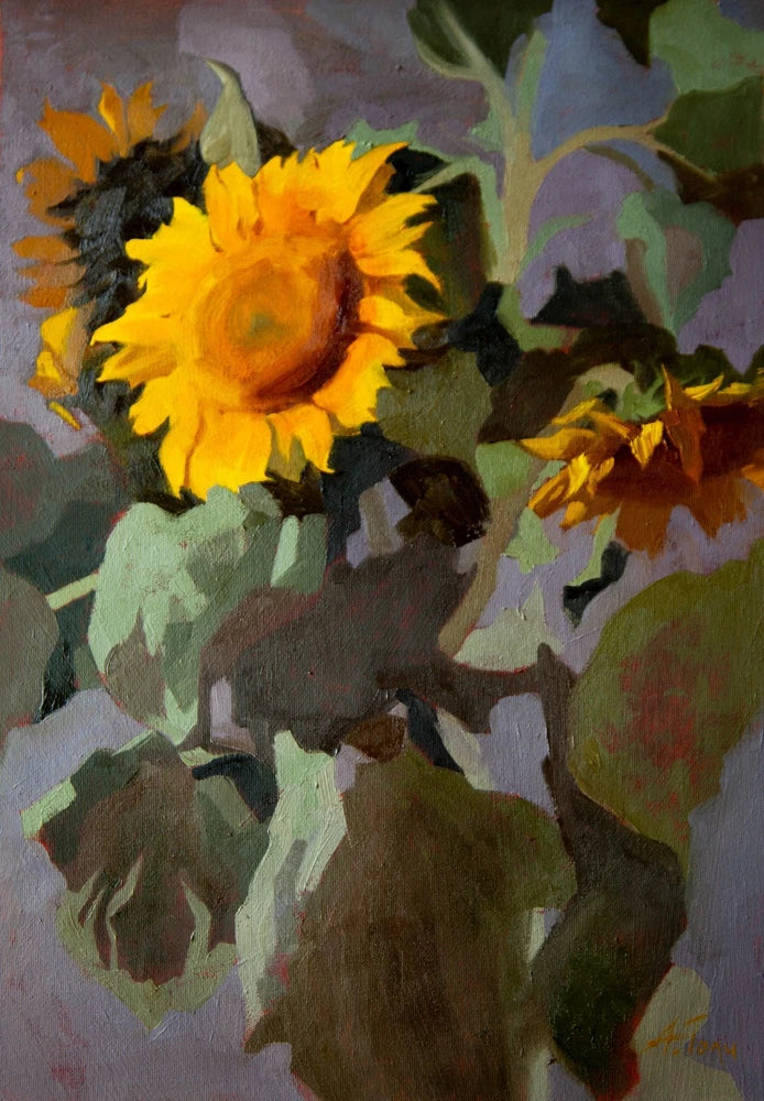 Original oil on canvas painting of yellow sunflowers with dark leaves, floral realist style