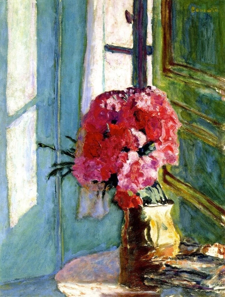 Red carnation bouquet floral art print in vase by window
