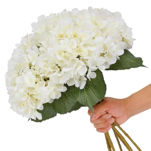 White Hydrangea Artificial Flowers - 5 pcs Realistic Single 18.9 in Long Stem Hydrangea