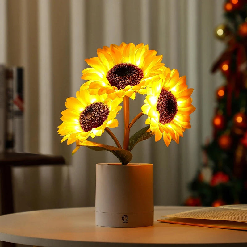 Sunflower flower lamp with three yellow blooms and glowing light base