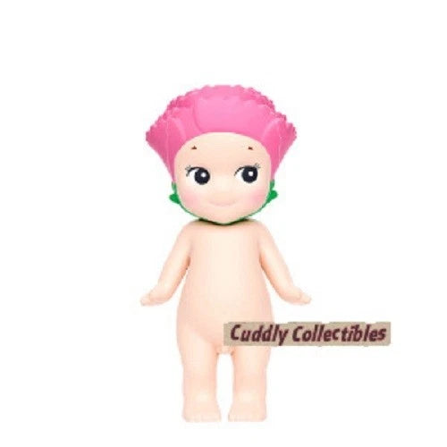 Pink flower-carnation mini figure doll with sign, standing, peach body