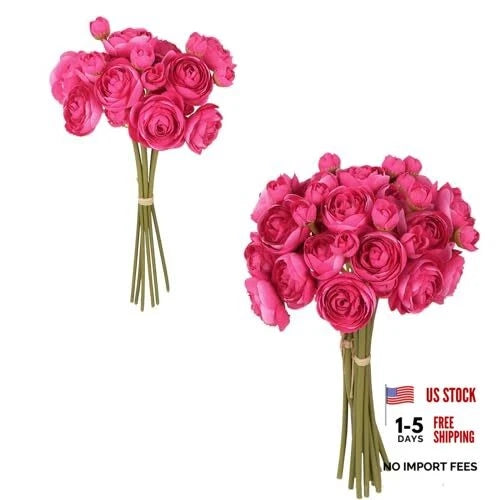 Flowers Artificial Ranunculus 2Bouquets Silk Flowers with Stems 12PCS Hot Pink Bouquet