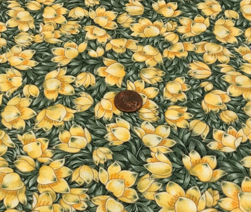 Yellow Flowers (Peeps) *Bed of Green* Northcott * 100% Cotton Remnant * 8" x 20" Flowering Plants