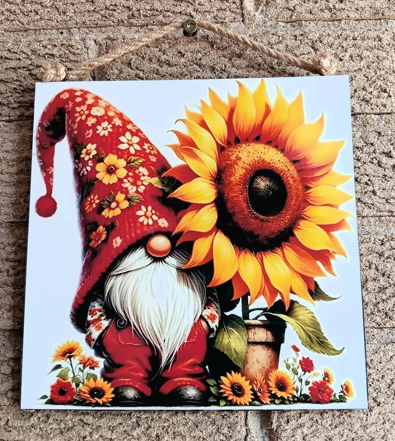 Square sunflower gnome sublimated wall art with bright yellow flower and red hat