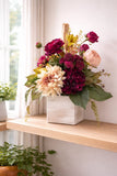 Handmade Silk Flower Centerpiece, Deep Purple Hydrangea, Blush Rose & Mum Hydrangea