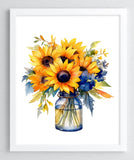 Floral Art Print, Sunflower Bouquet Wall Art Decor, Botanical Art Print #521 Sunflower