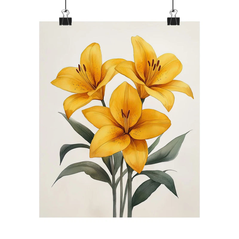 Yellow lily flower art print poster with three botanical blooms and green leaves