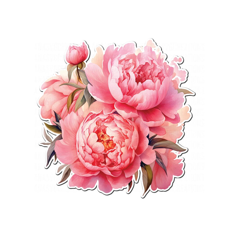 Pink peony flower decal sticker with layered blooms and green leaves