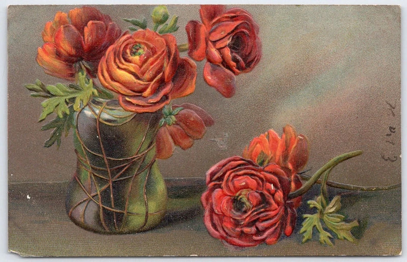 Vintage Embossed Red Ranunculus Flowers Birthday Postcard Germany Ranunculus