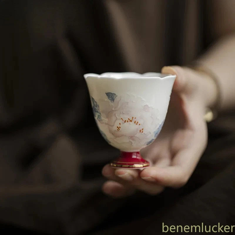 75ml Ceramic Handpainted Peony Tea Tasting Cup Flower Mouth Master Cup Teaware Peony