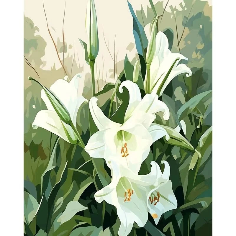 White lily paint-by-numbers canvas artwork with white flowers and green leaves