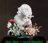 20" Chinese Dehua Color Porcelain Lotus Peony Flower Zodiac Dragon Animal Statue Peony