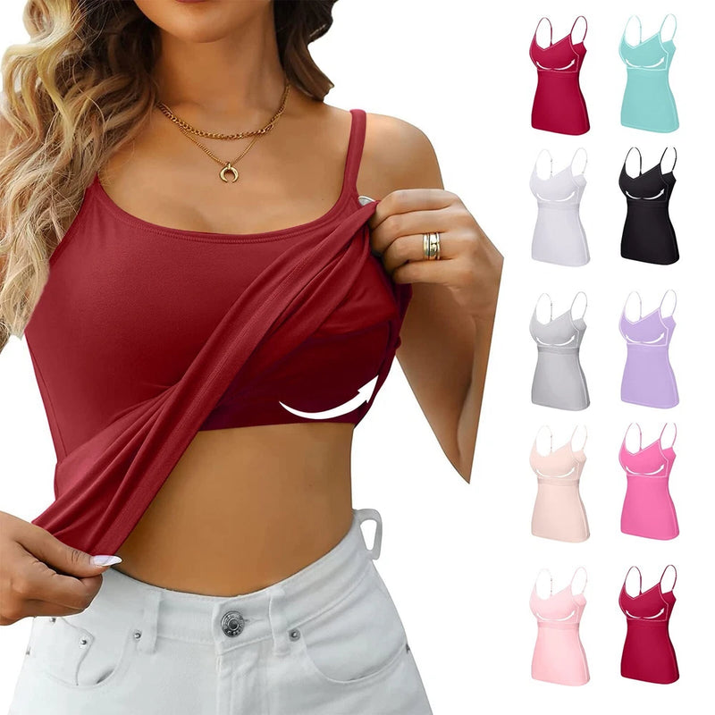 Women's camisole tank with built-in bra, adjustable spaghetti straps, burgundy