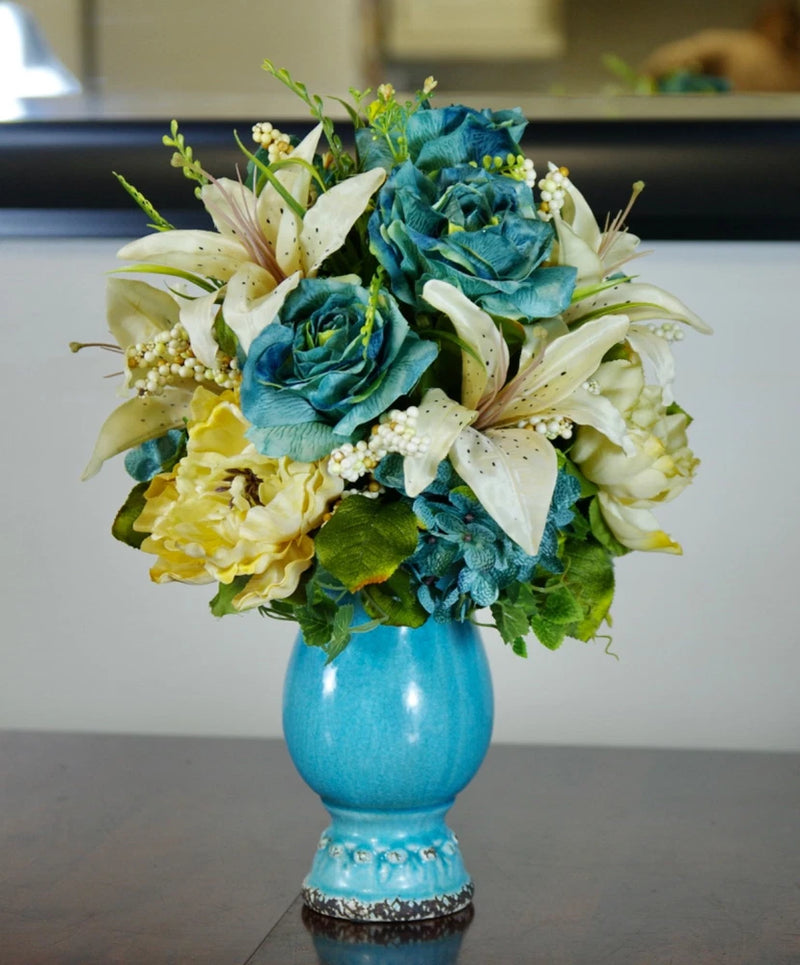 Silk Arrangement of Blue Roses, Hydrangeas and Beige Lilies in Blue Ceramic Vase Hydrangea