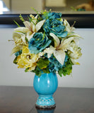 Silk Arrangement of Blue Roses, Hydrangeas and Beige Lilies in Blue Ceramic Vase Hydrangea