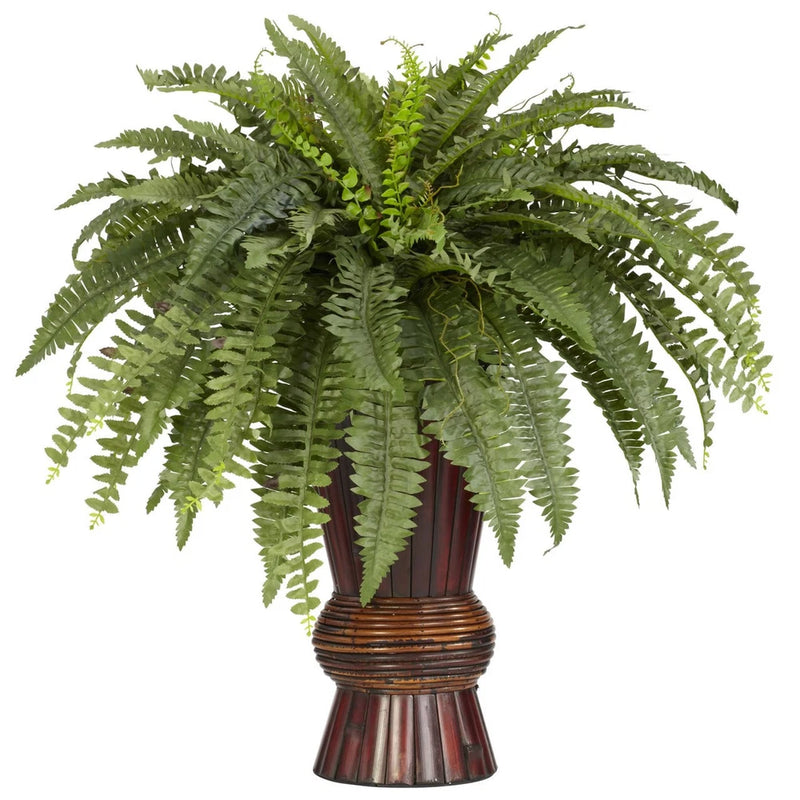 Artificial green Boston fern silk plant in brown bamboo vase