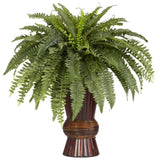 ARTIFICIAL BOSTON FERN SILK FAKE PLANT w/ BAMBOO VASE Green Plant