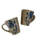 New Set of 2 Stoneware Blue Floral Mugs Sunflower or Coneflower Beige Cup Handle Sunflower